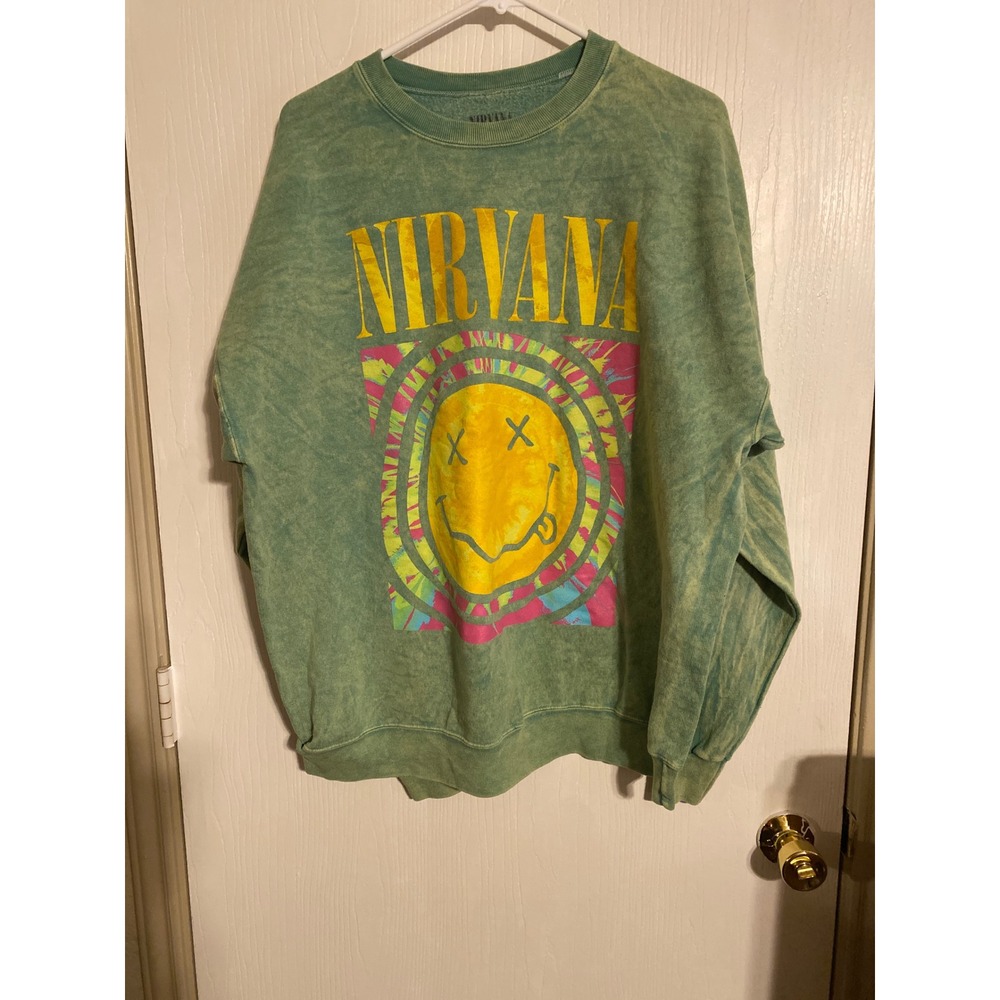 Nirvana Smiley Face Graphic Sweatshirt Green Acid Wash Crewneck XL Grunge
0590